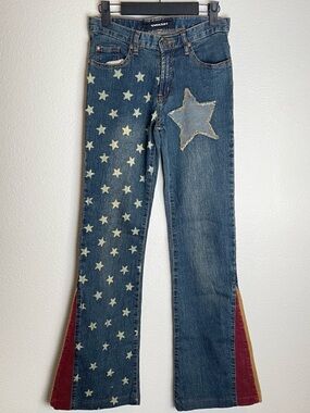 Y2K Vintage Low Rise Flare Jeans Size 26 Star Patch Festival Boho Rodeo Western